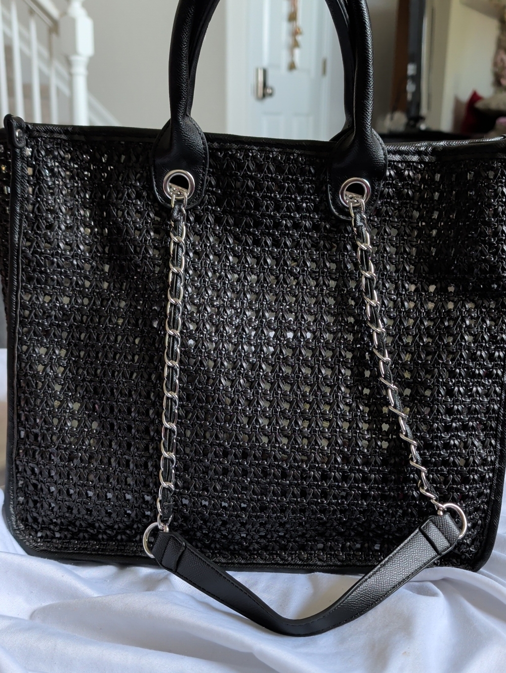 Black Woven Tote with Silver Chain Straps